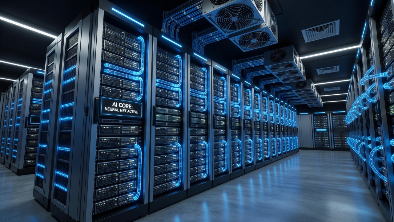 Model AI obsługujący miliardy tokenów, wizualizacja centrum danych